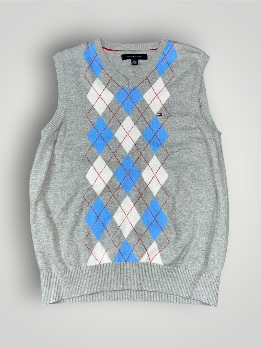 Tommy Hilfiger Gray Argyle Vest with Blue & White Diamonds and Red Stitching